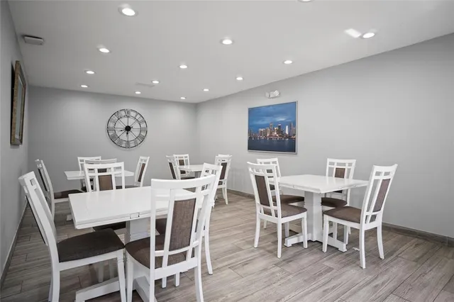 a view of a dining room with furniture