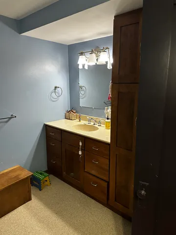 a bathroom with a sink and a mirror