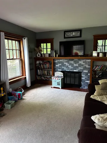 a living room with furniture and a fireplace