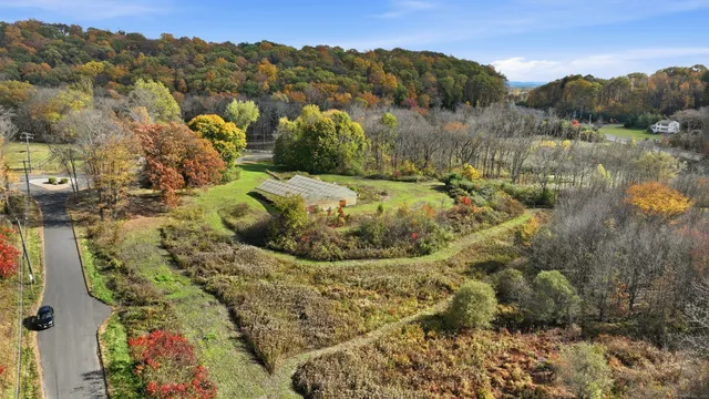 a view of a field with trees in the background