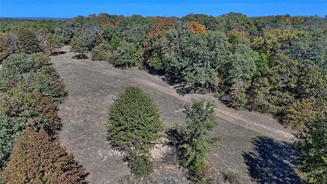 an aerial view of a house with a yard and garden