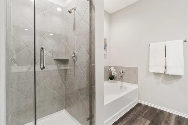 a bathroom with a bathtub and a shower