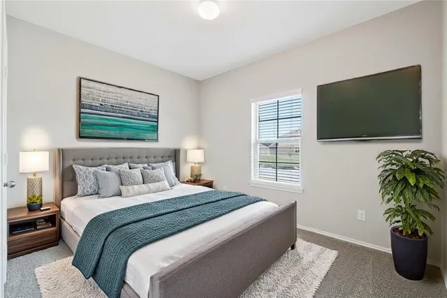 a bedroom with a bed a couch and a flat screen tv