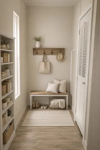 a spacious bedroom with a bed and a book shelf