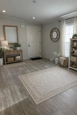 a living room with furniture and a mirror