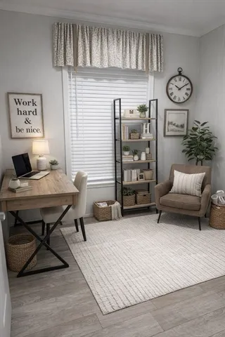 a living room with furniture and a wooden table