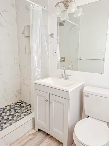 a bathroom with a sink a toilet a shower and a mirror