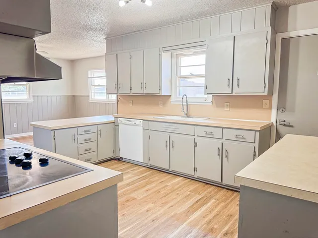 a kitchen with a sink dishwasher and white cabinets with wooden floor