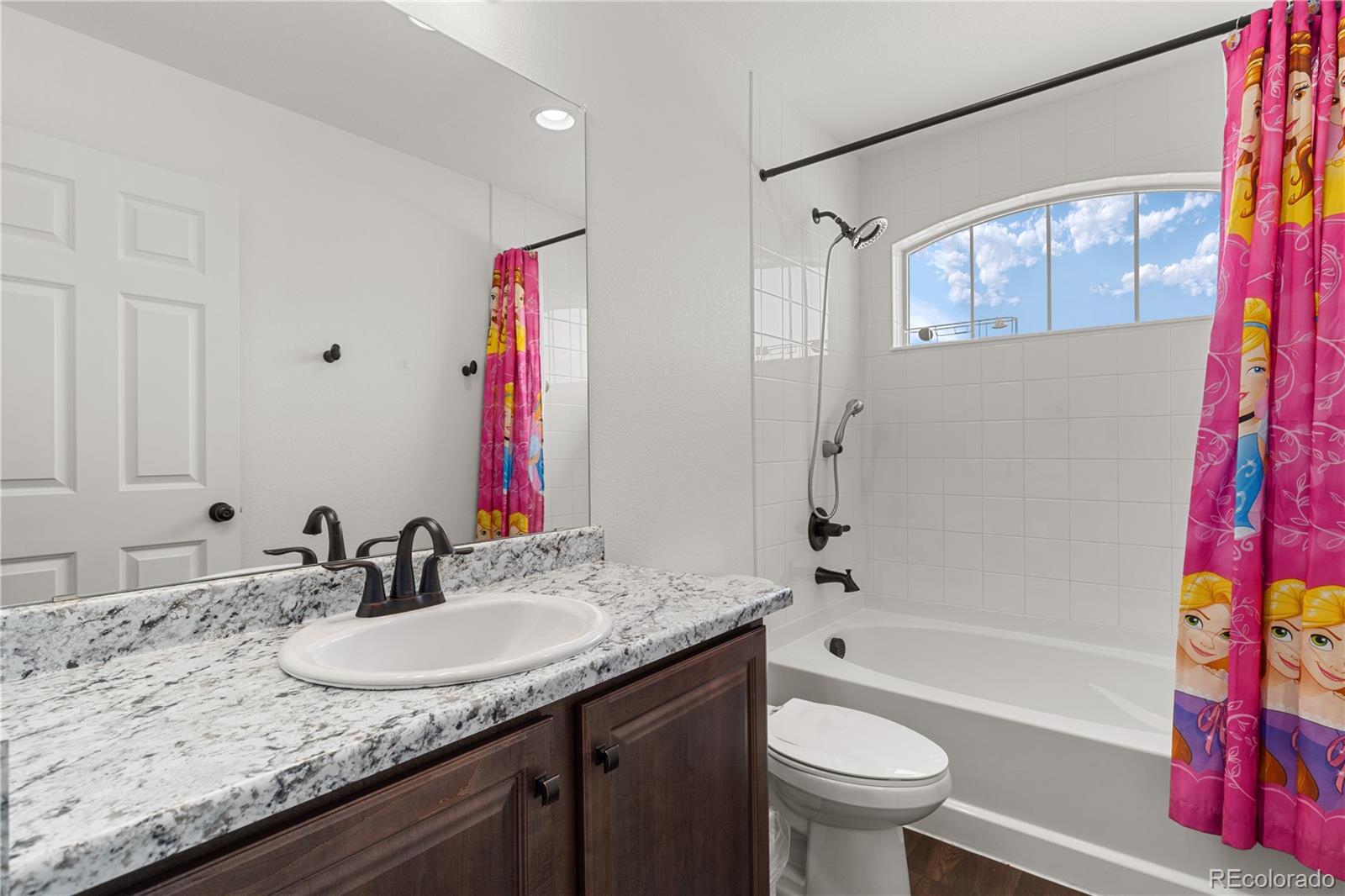 1074 Acadia Circle Erie, CO 80516 - Photo 24 of 50 a bathroom with a granite countertop sink a toilet and shower