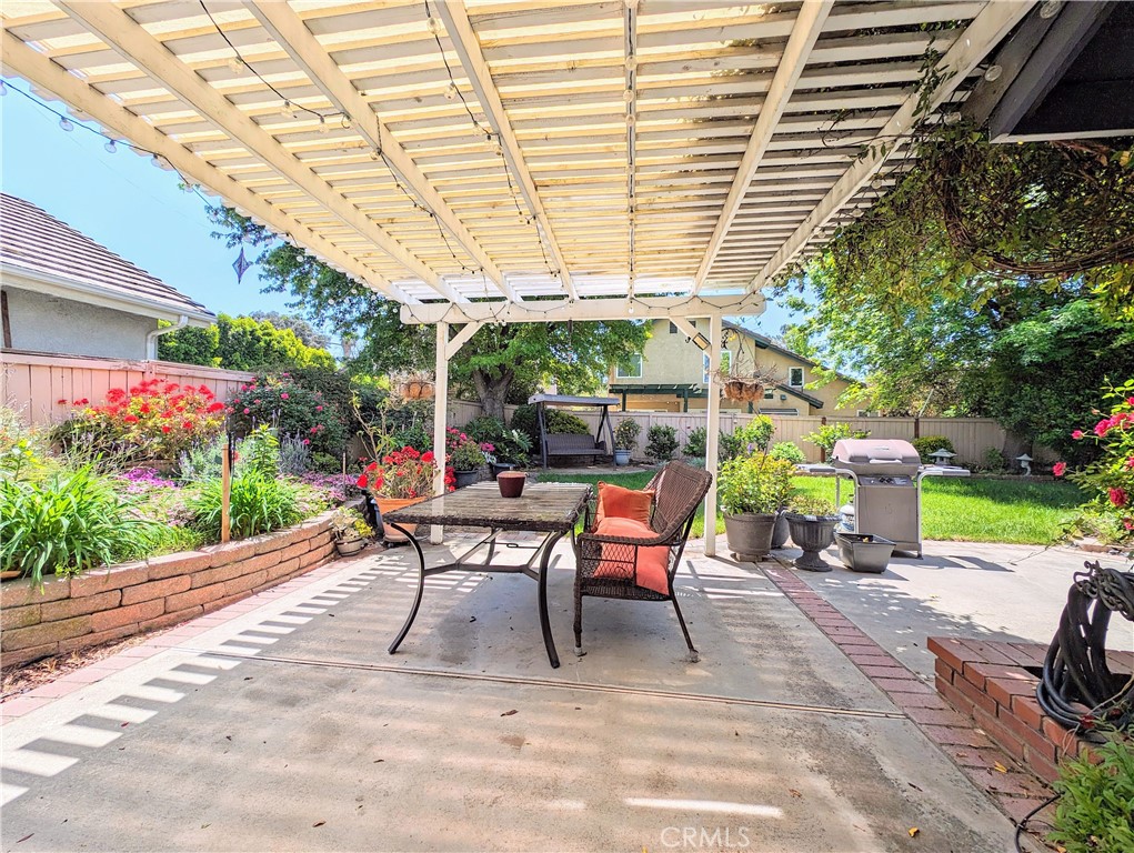 1738 Cambridge Circle Redlands, CA 92374 - Photo 22 of 59 a view of a patio with a table and chairs under an umbrella