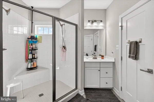 a bathroom with a shower sink and mirror