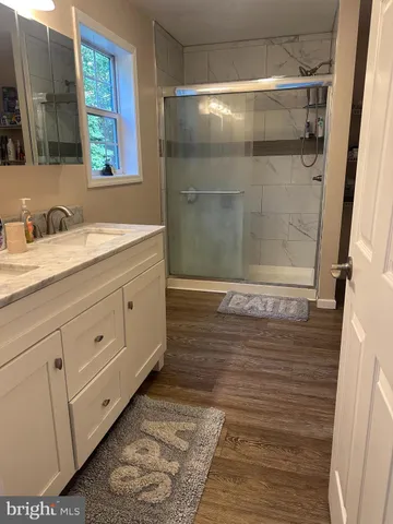a bathroom with a shower and a sink