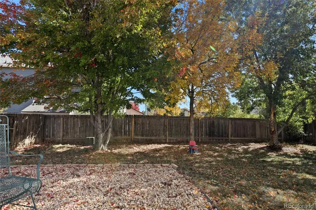 a view of a backyard with large trees and wooden fence