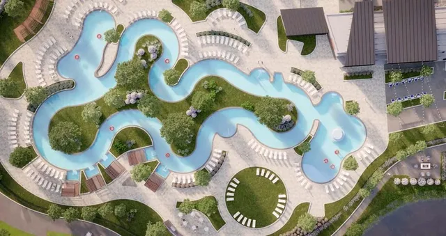 an aerial view of a swimming pool