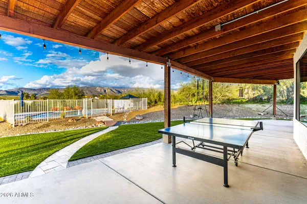 an aerial view of a swimming pool