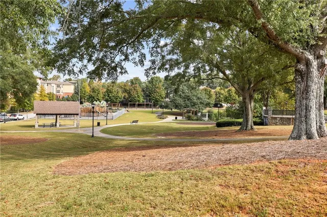 a view of a yard with large trees