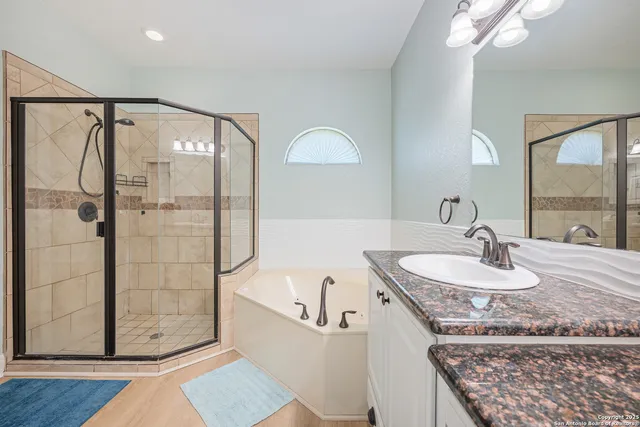 a bathroom with a granite countertop sink a mirror and shower
