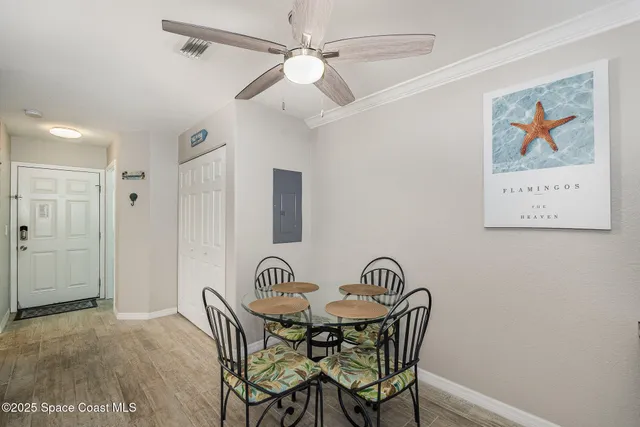 a view of a dining room with furniture