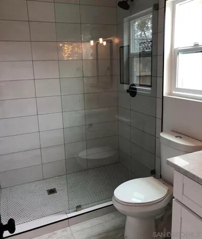 a bathroom with a shower and toilet