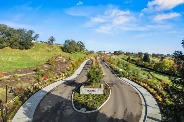 a view of a swimming pool with a yard and mountain view