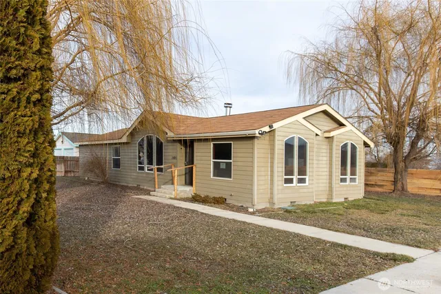 a view of a white house with a large tree