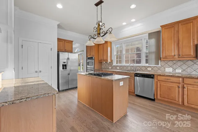 a kitchen with stainless steel appliances granite countertop a stove a sink dishwasher and a refrigerator