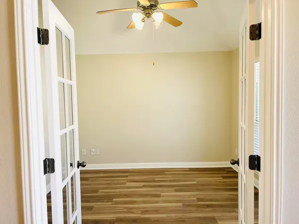 a view of a room with a door