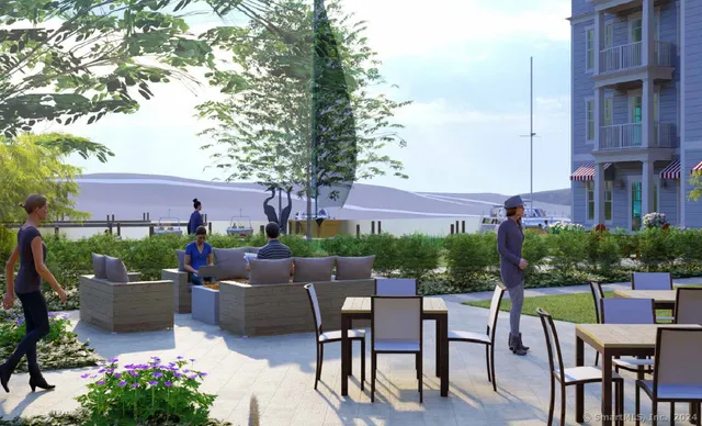 a patio with table and chairs