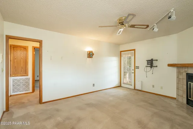 a view of a yard with plants and a fountain