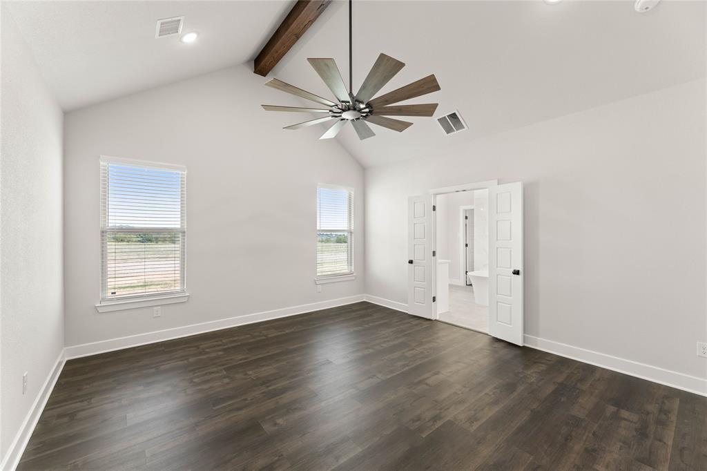 441 Collum View Azle, TX 76020 - Photo 21 of 38 Unfurnished room featuring dark wood finished floors, beamed ceiling, recessed lighting, ceiling fan, and high vaulted ceiling