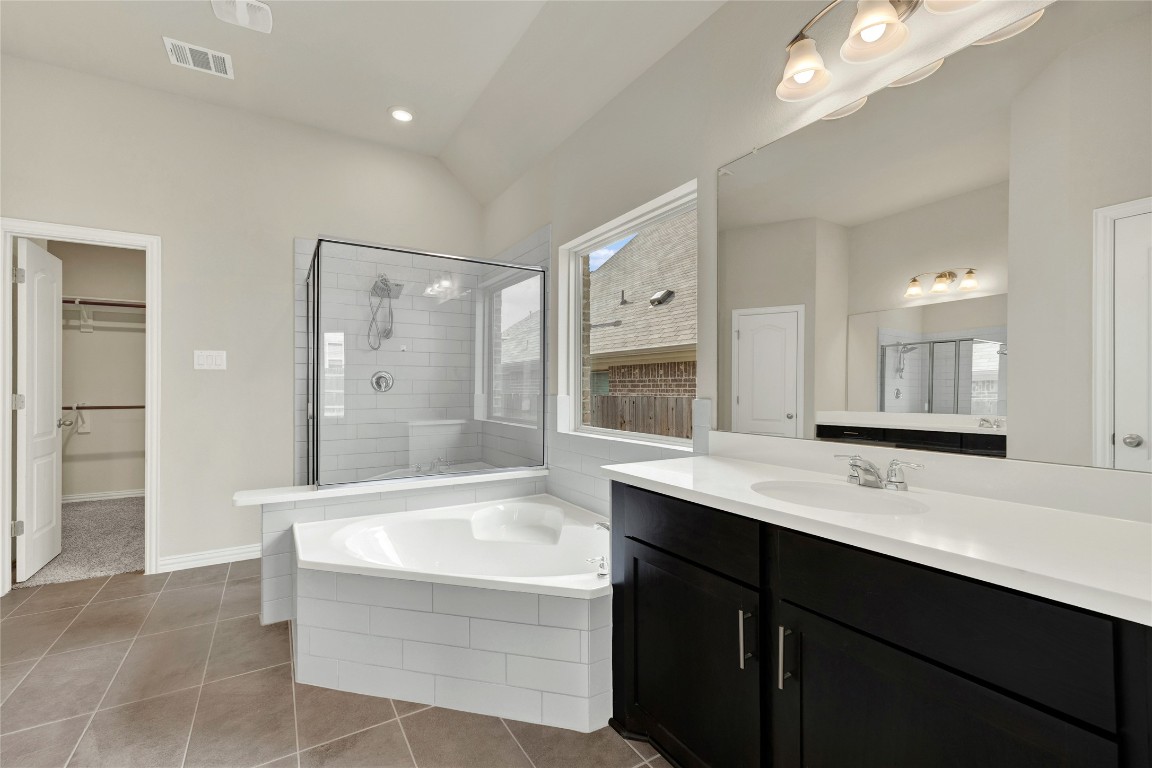908 Leadtree Loop Buda, TX 78610 - Photo 20 of 38 a bathroom with a bathtub shower sink double vanity and mirror