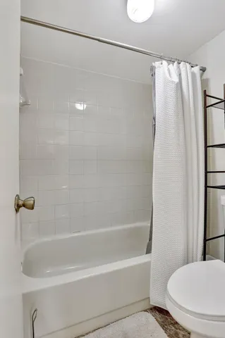 a bathroom with a shower and a toilet