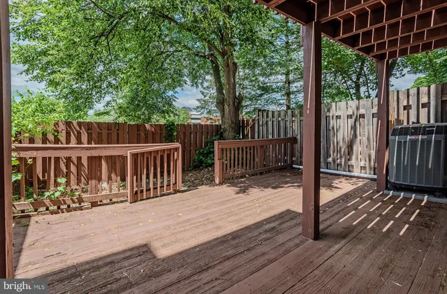 a view of a backyard with large trees and wooden fence