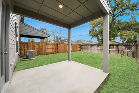a view of a backyard with plants and large tree