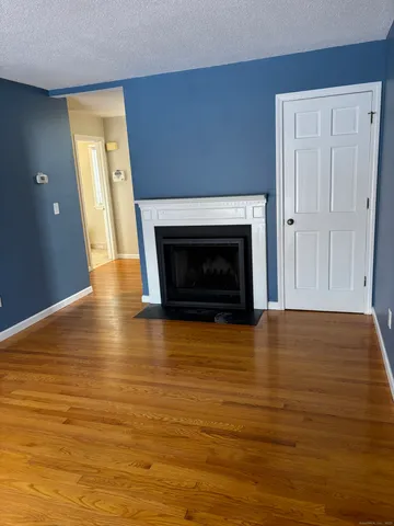 a view of an empty room with wooden floor and a fireplace