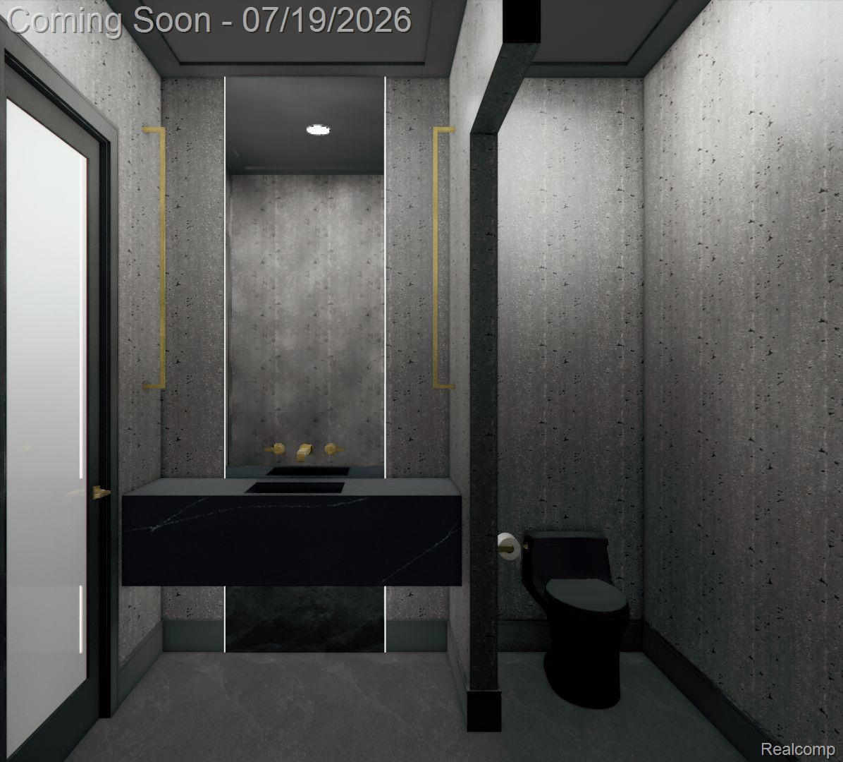 2585 Fairway Court Rochester, MI 48306 - Photo 4 of 19 Modern powder room featuring a floating black vanity with an integrated sink, gold wall-mounted faucets, and a full-height mirror