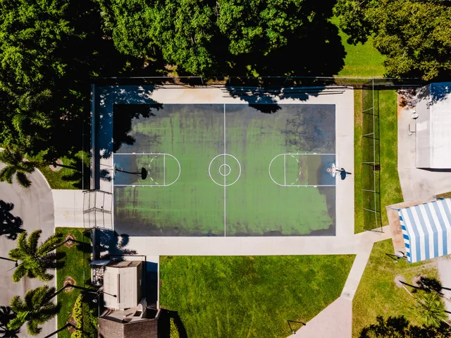 aerial view of a tennis ground with large trees
