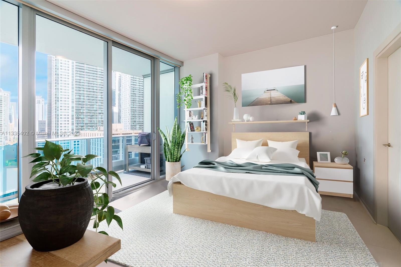 200 Biscayne Blvd Way, Unit 1404 Miami, FL 33131 - Photo 19 of 32 a bedroom with a bed potted plant and a large window
