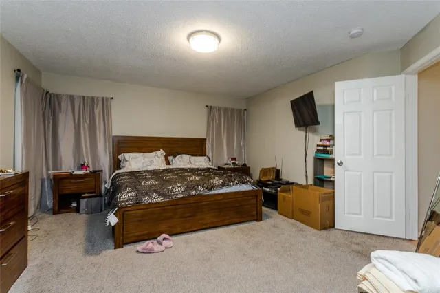 a bedroom with a bed and a television