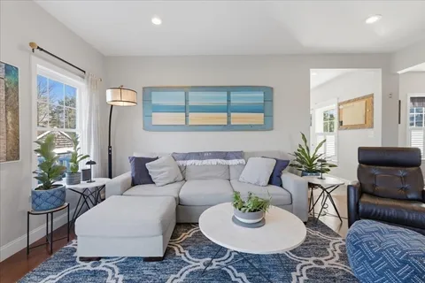 a living room with furniture potted plant and a window