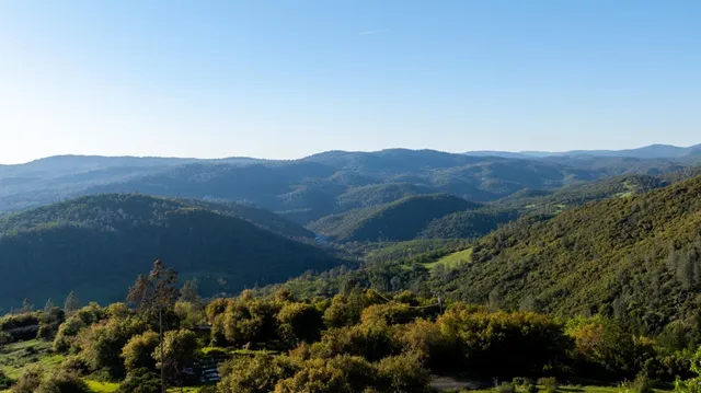 a view of a town with mountains in the background