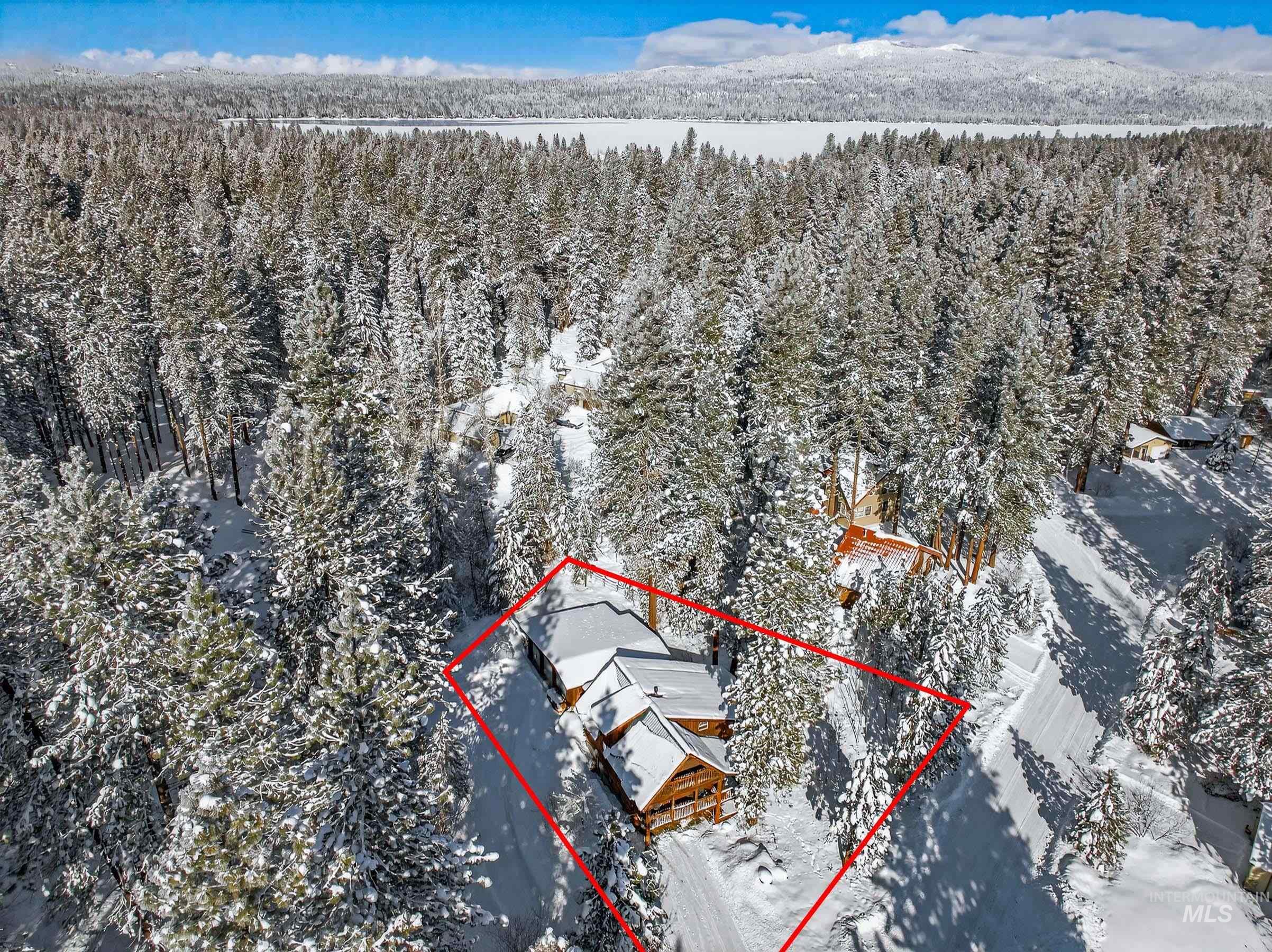 441 Allen Avenue McCall, ID 83638 - Photo 4 of 46 Snowy aerial view featuring property parcel outlined and a wooded view