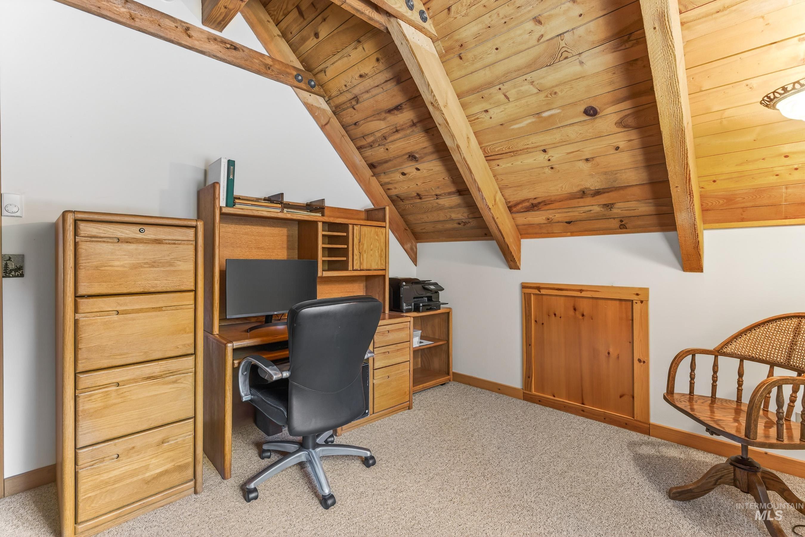 441 Allen Avenue McCall, ID 83638 - Photo 42 of 46 Office space featuring wood ceiling, lofted ceiling with beams, and light colored carpet