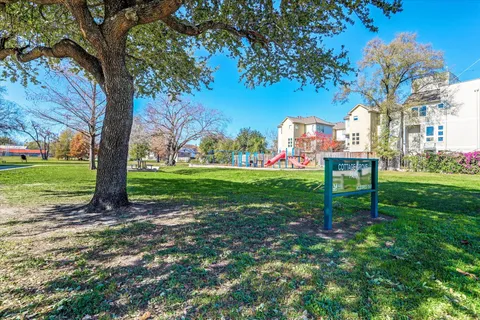 a view of a park with large trees
