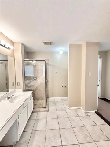 a bathroom with a shower a sink and a mirror