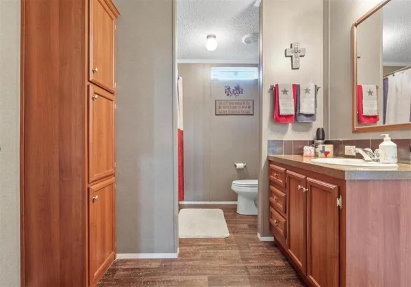 a bathroom with a sink a toilet and a mirror
