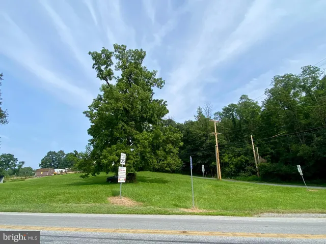 a green field with lots of trees in the background