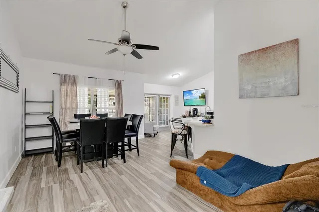 a view of a dining room with furniture