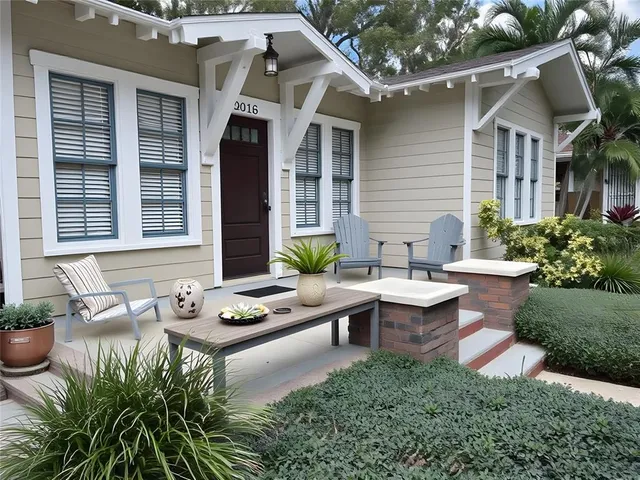 a backyard of a house with outdoor seating