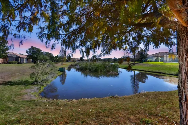 a view of a lake with houses in the back